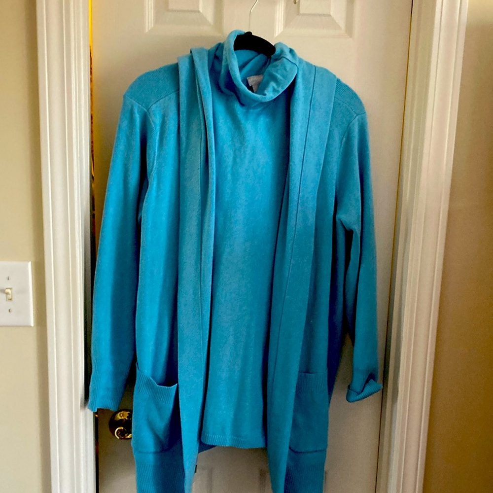 Chico’s Zenergy Blue Cardigan, pants and Turtleneck.